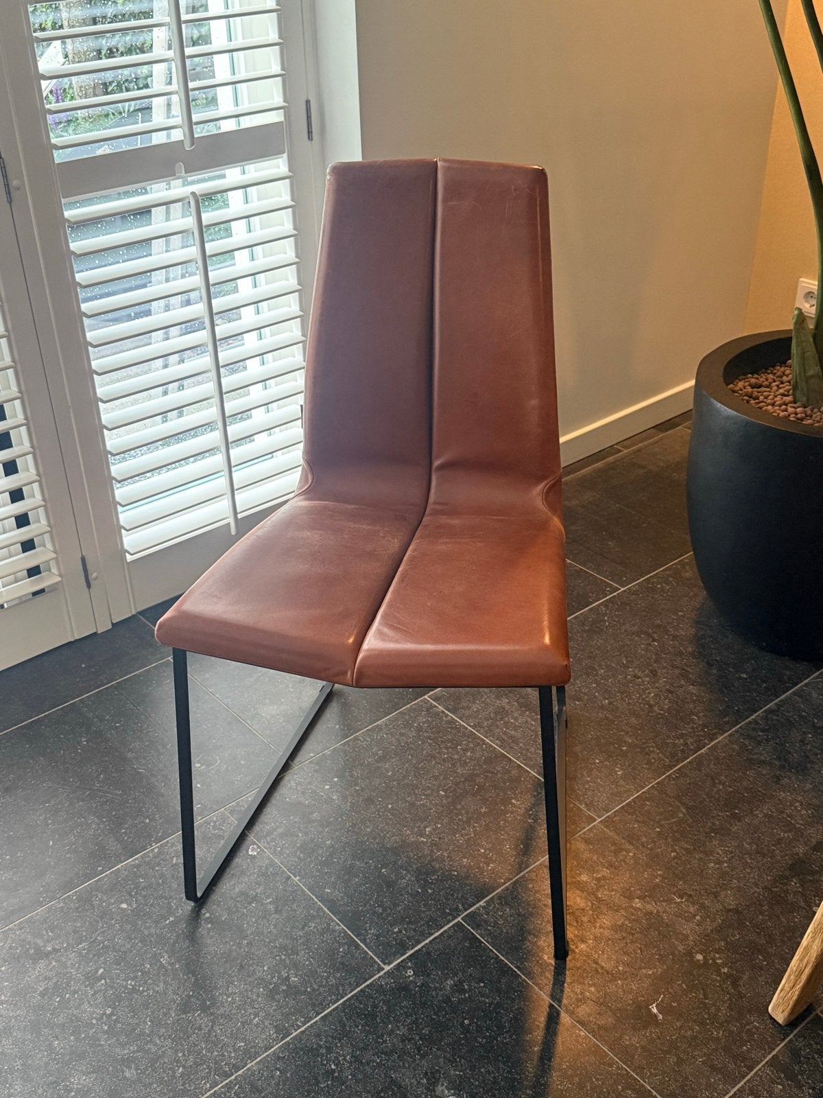 Set van 8 Montis Ivy eetkamerstoelen - Cognac - Stalen frame, Ophalen, Gebruikt, Bruin, Leer