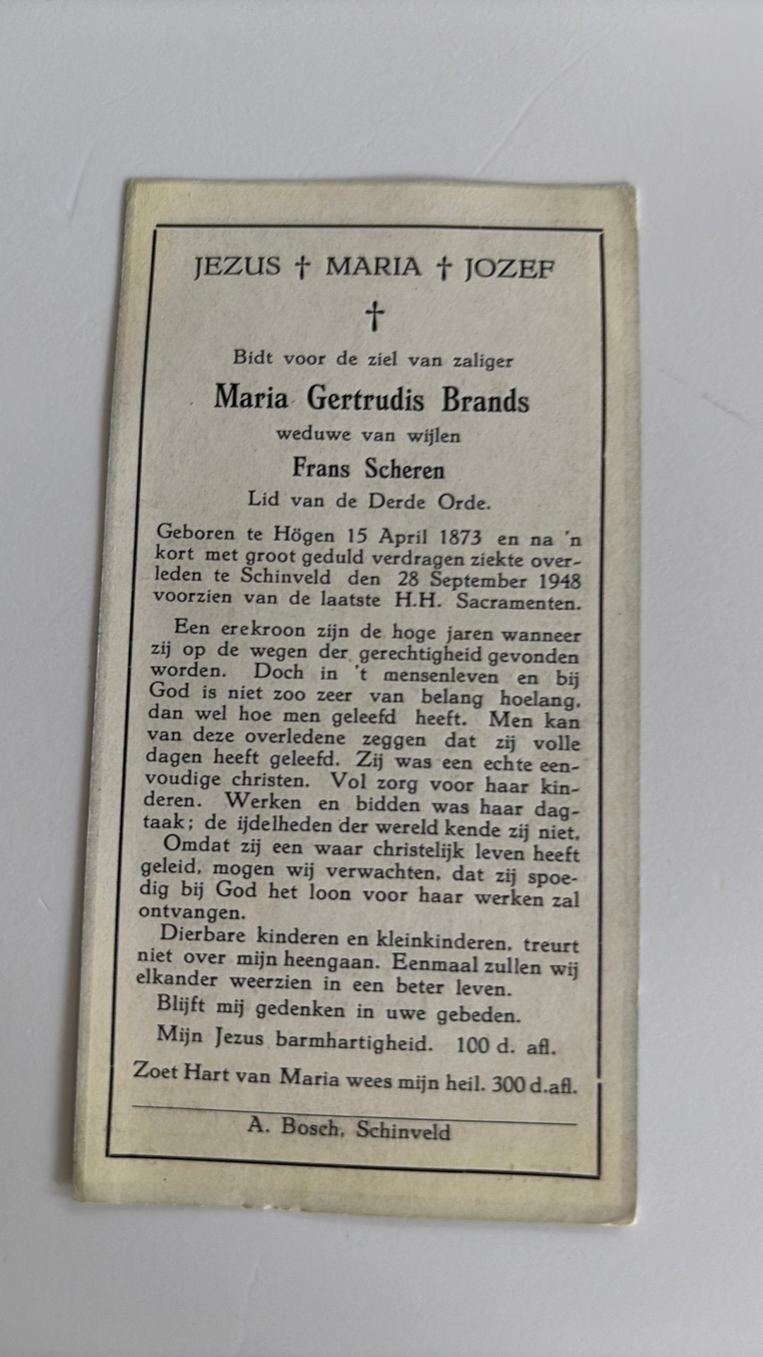 Maria Gertrudis Brand 1873 Hogen1948 Schinveld x Scheren, Ophalen of Verzenden