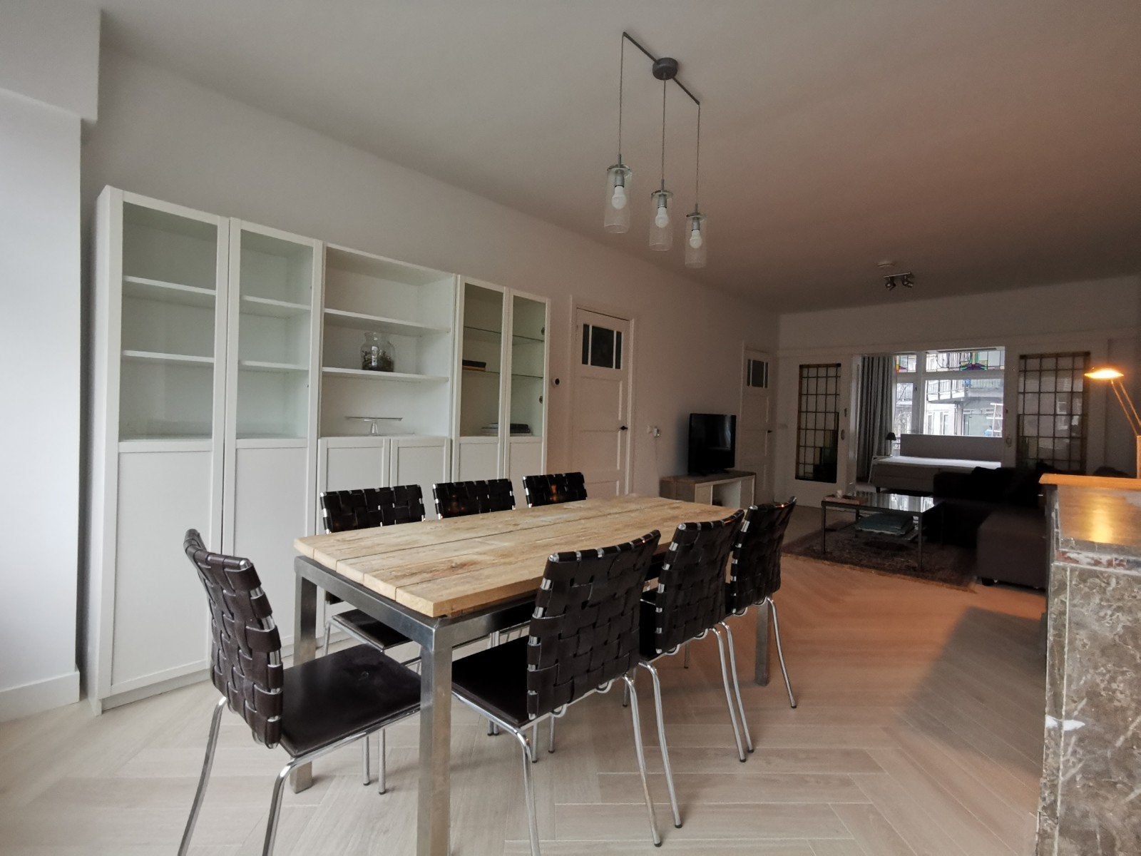 8 bruin leren eetkamerstoelen, Ophalen, Gebruikt, Modern, Industrieel, Zwart