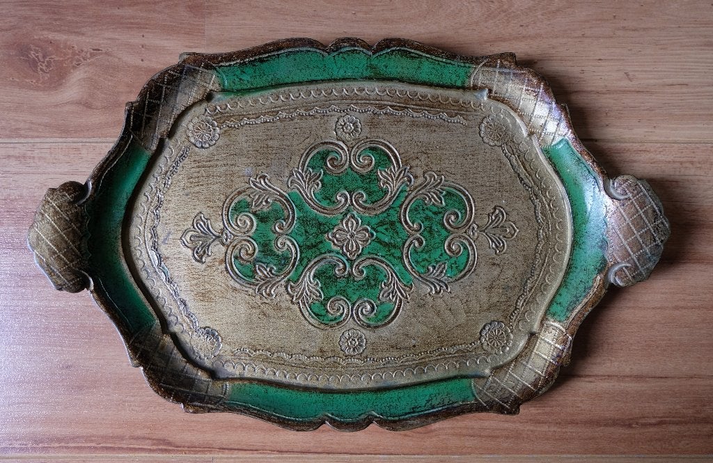 Brocante Venetiaans dienblad groen goud 35x22 cm barok, Ophalen