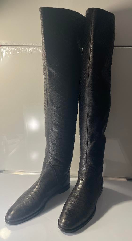 Sergio Rossi Vintage Over-Knee Caiman Crocodile Boots EU37,5, Hoge laarzen, Bruin, Ophalen of Verzenden, Zo goed als nieuw