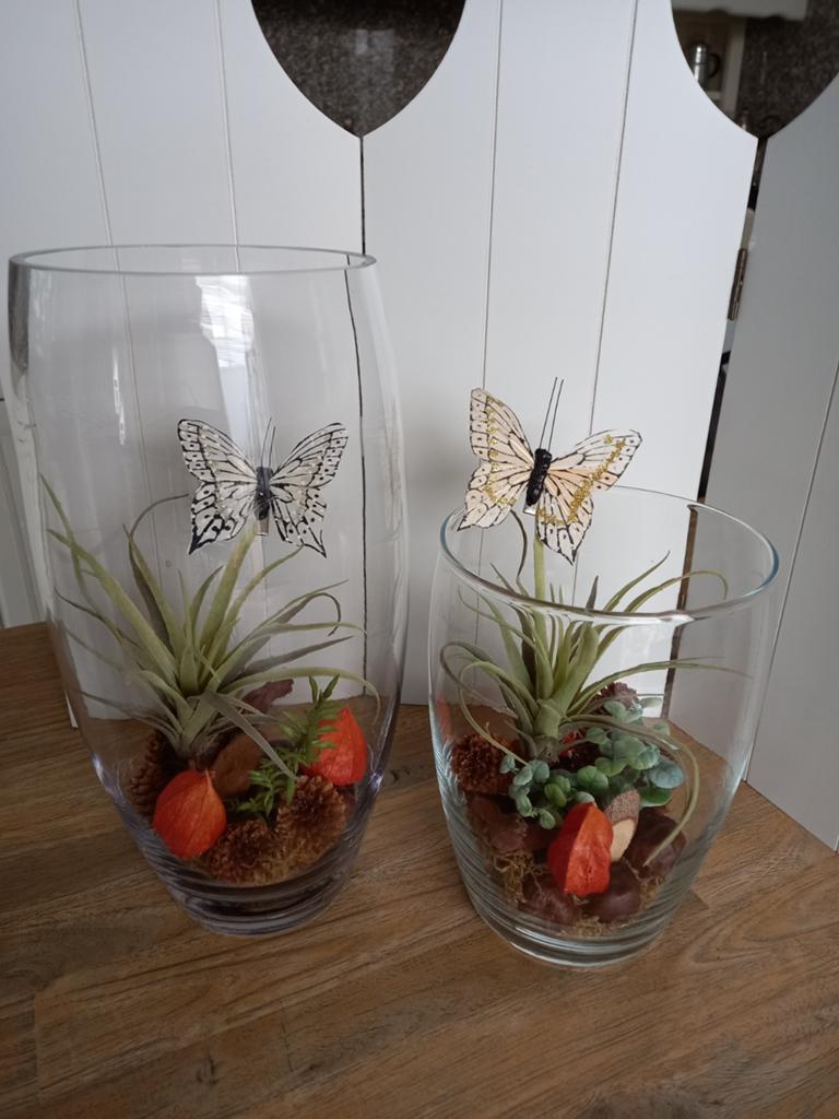 Twee prachtige vazen met deco, Overige kleuren, Ophalen of Verzenden, Minder dan 50 cm, Glas