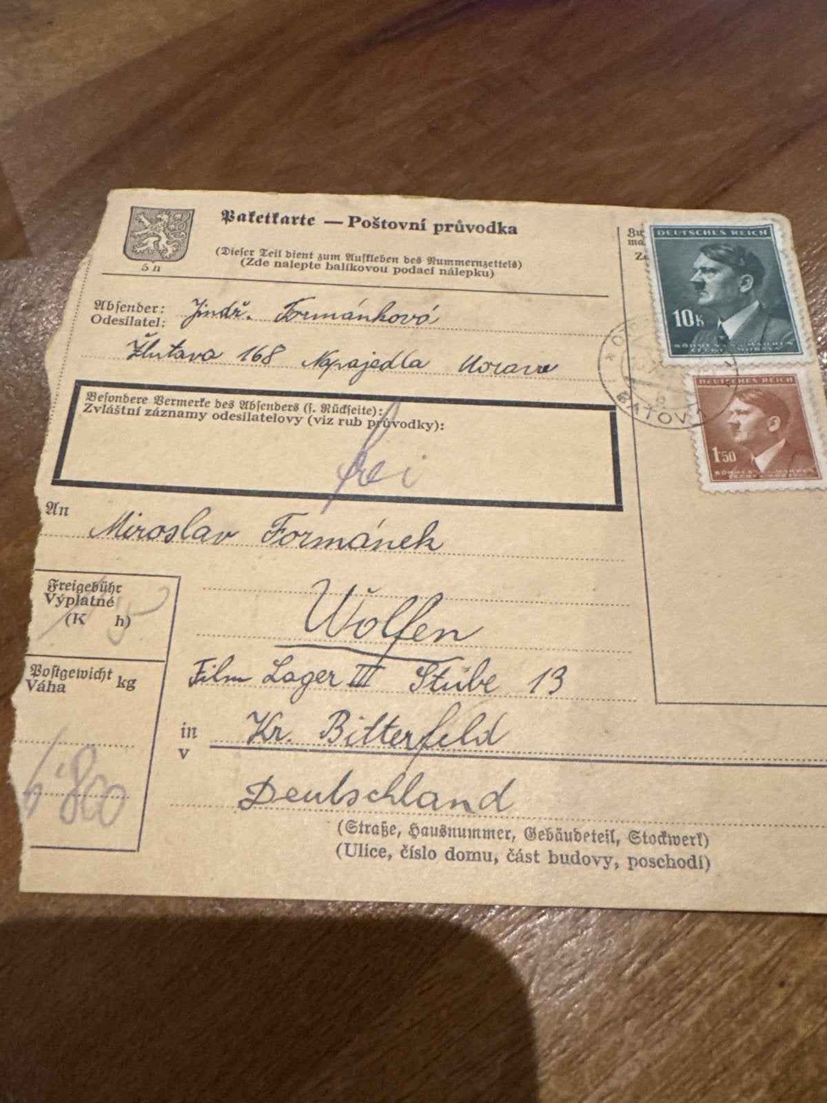 Zeldzame WOII pakketkaart  Wolfen / Bitterfeld, Ophalen of Verzenden, Overige soorten, Duitsland, Overige typen