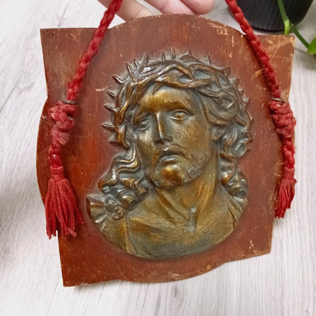 antieke muur plaquette hoofd van jezus christus gekroond, Antiek en Kunst, Ophalen of Verzenden