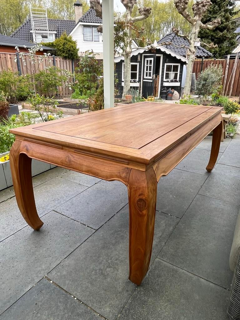 Zware kwaliteit teakhouten eettafel opium stijl 200x100cm, Ophalen, Gebruikt, 100 tot 150 cm, Teakhout