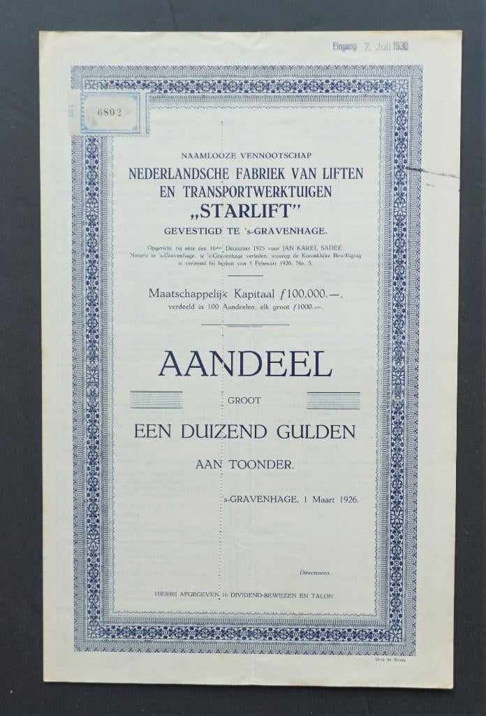 STARLIFT, Ned.Fabriek van Liften en Transportwerktuigen 1926, Verzenden, 1920 tot 1950, Aandeel