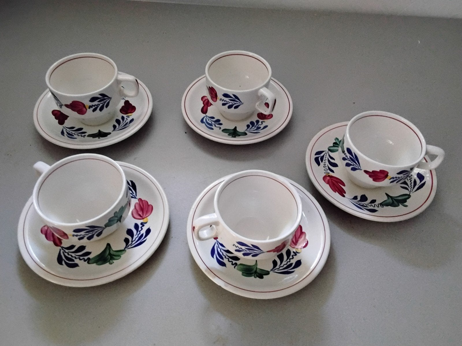 Vintage Delfts Blauw stijl kop en schotel set (5 stuks), Ophalen of Verzenden