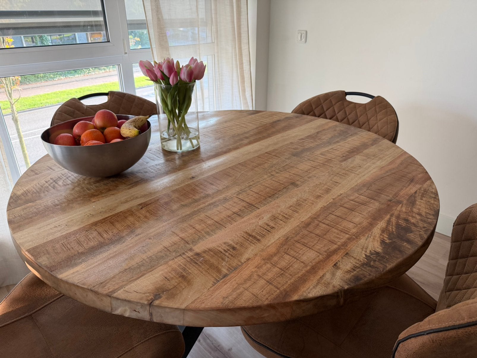 Ronde Mango eettafel, doorsnede 120 cm, Ophalen, Gebruikt, 100 tot 150 cm, Rond
