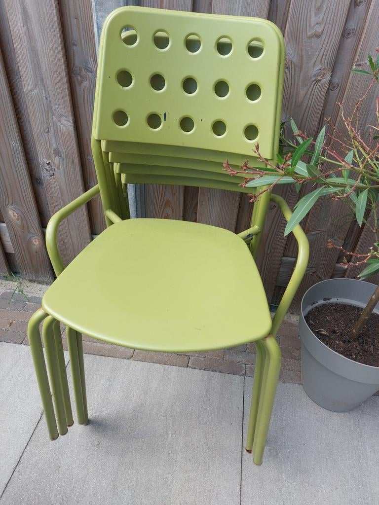 5 groene Emu metalen tuinstoelen, stapelbaar, Tuin en Terras, Ophalen, Gebruikt, Metaal, Stapelbaar
