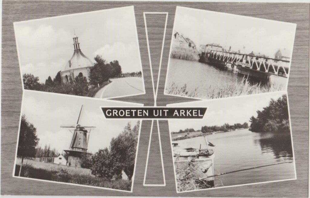 Arkel (ZH) Groeten uit 4-vensterkaart met molen., Verzamelen, Ophalen, 1940 tot 1960, Ongelopen, Zuid-Holland