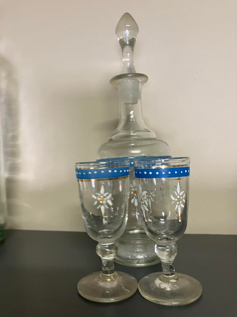 Vintage karaf met 2 borrelglaasjes - Edelweiss decor, Antiek en Kunst, Ophalen of Verzenden