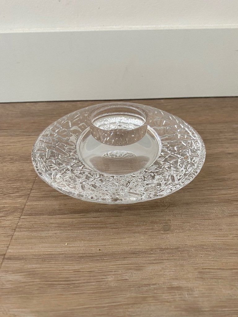 waxinehouder van glas merk Orrefors (de Discus), Gebruikt, Overige merken, Waxinelichthouder, Ophalen of Verzenden