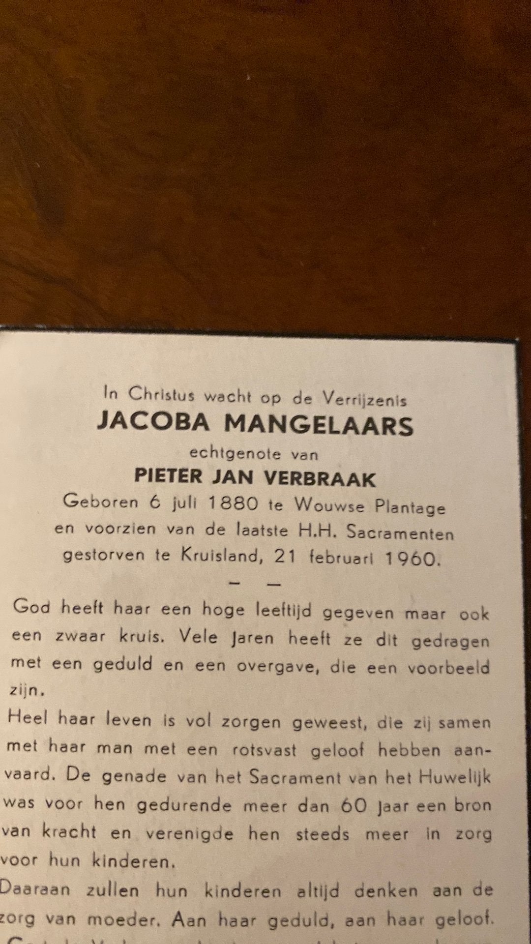 J Verbraak - Mangelaars 1880 Wouwse Plantage 1960 Kruisland, Verzamelen, Ophalen of Verzenden