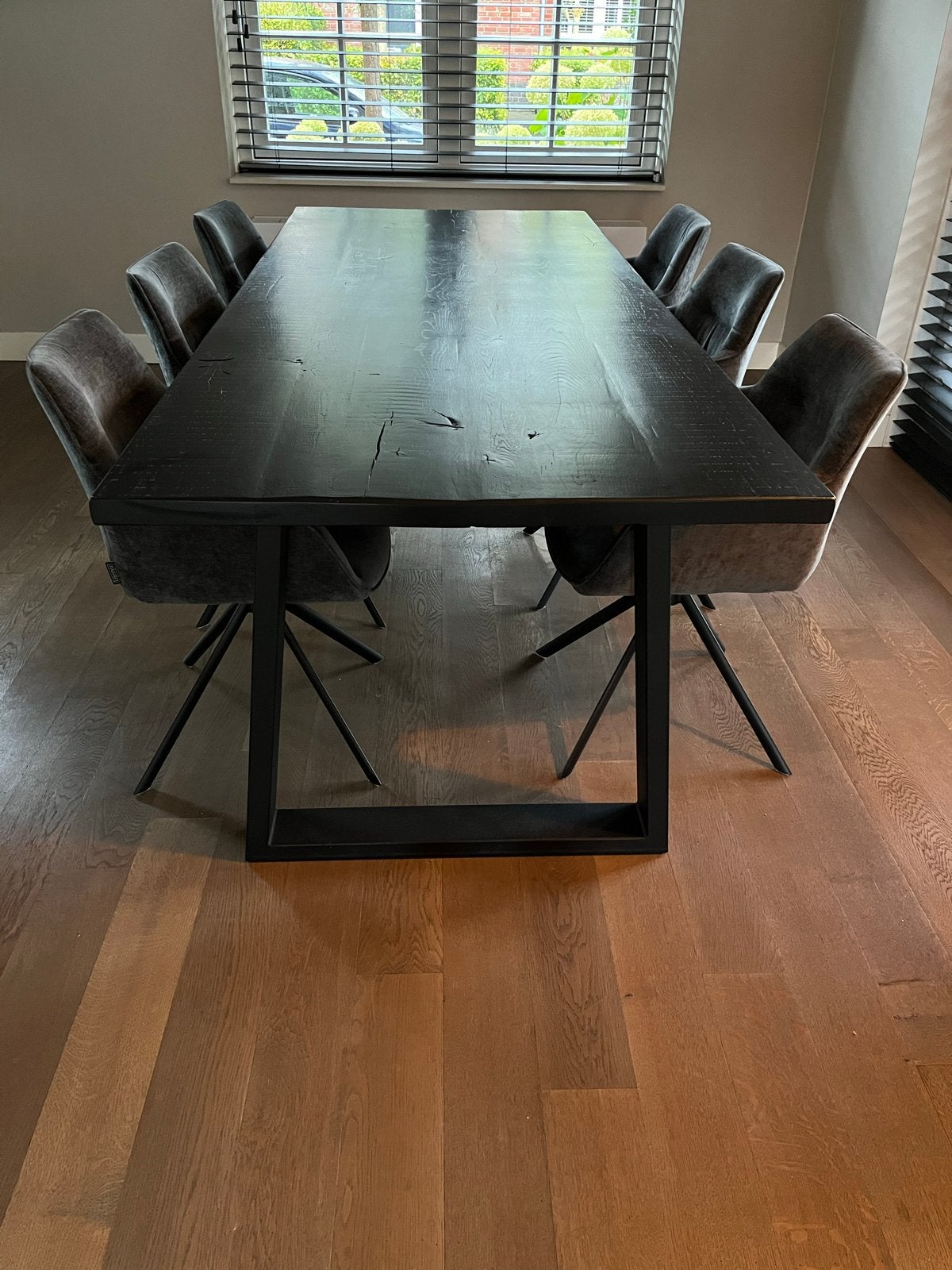 Robuuste massief eiken eettafel 240 x 100 cm - zwart gelakt-, Ophalen, 100 tot 150 cm, Eikenhout, 200 cm of meer