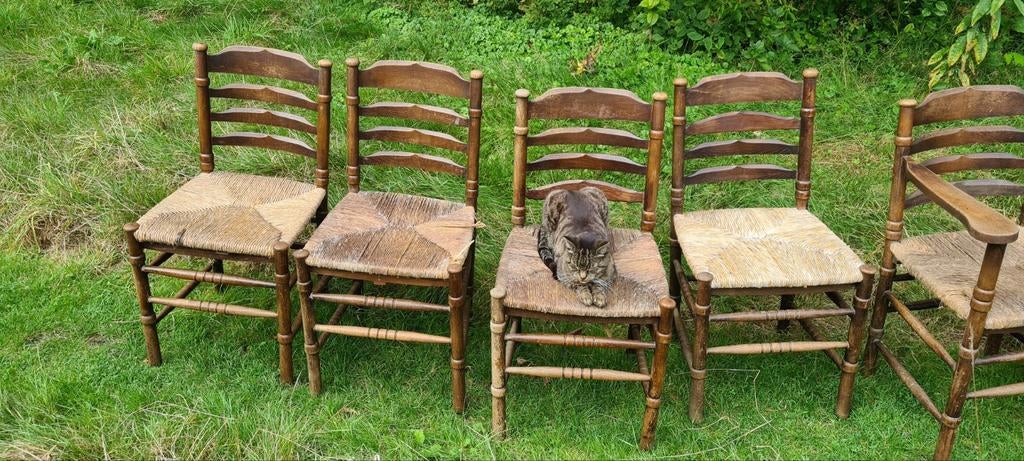 6 antieke houten boerenstoelen (vraagprijs voor de 6 samen), Ophalen