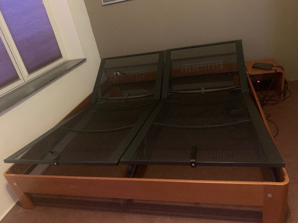 Auping Auronde tweepersoonsbed met elektrische bedbodems, Ophalen, Bruin, 180 cm, 200 cm