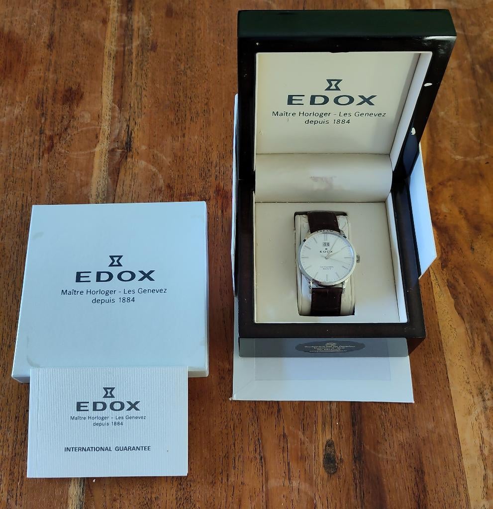 Edox Les Vauberts Big Date horloge als nieuw, Sieraden, Tassen en Uiterlijk, Horloges | Heren, Overige merken, Leer, Polshorloge