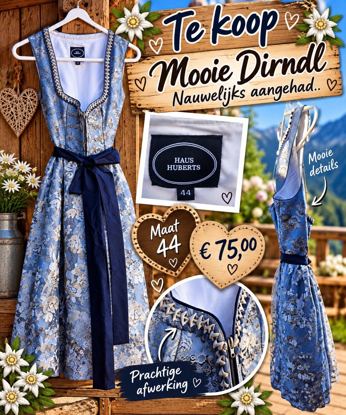 Mooie Dirndl van Haus Huberts - Nauwelijks aangehad, Ophalen, Blauw, Haus Huberts, Maat 42/44 (L)