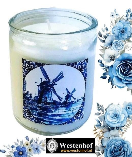 Kaars in glas met delfts blauw molen - Incl. cadeau zakje, Overige materialen, Verzenden, Wit, Nieuw
