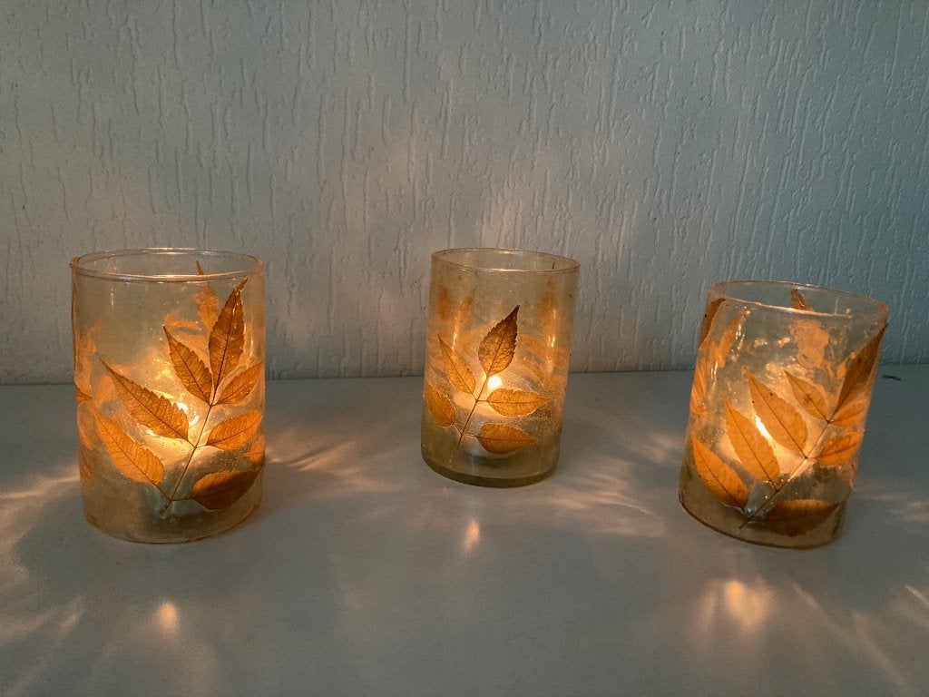 HKLIVING waxinelichthouders glas met gedroogd blad, 10 cm, Overige merken, Waxinelichthouder, Ophalen of Verzenden