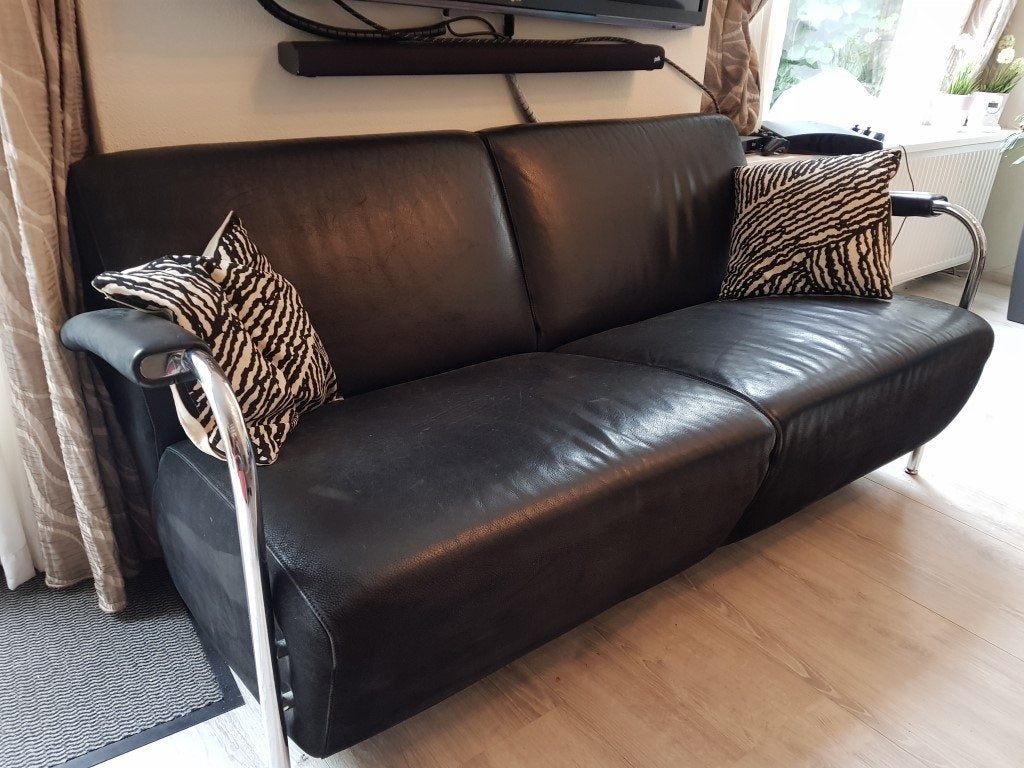 Leolux Scylla 2-zitsbank zwart leer, Ophalen, Gebruikt, Tweepersoons, 200 tot 250 cm