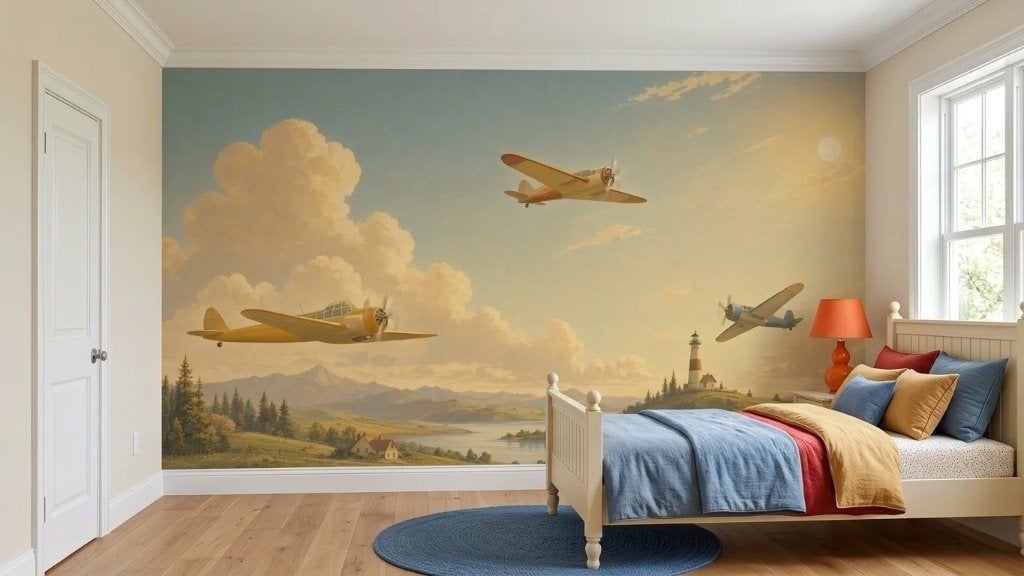 Vliegtuig behang kinderkamer – propellers bij vuurtoren, Overige merken, Ophalen of Verzenden, Fotobehang, Vintage/retro