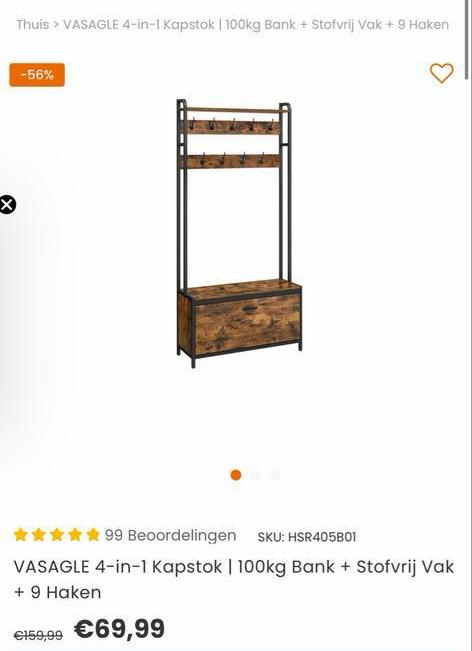 VASAGLE 4-in-1 Kapstok met bankje en 9 haken, Ophalen of Verzenden, Nieuw, Metaal, Staande kapstok