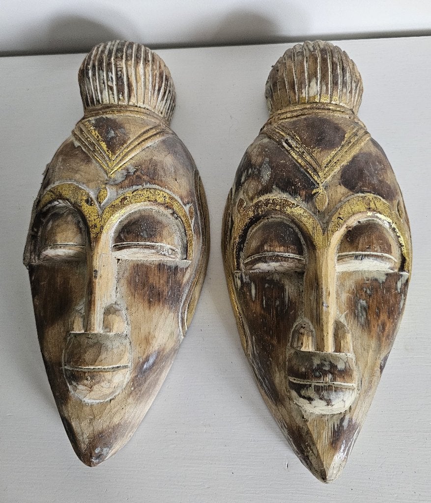 2 LEUKE HOUTEN MASKERS, Handgemaakt, 20 - 50 cm, Hout, Bruin