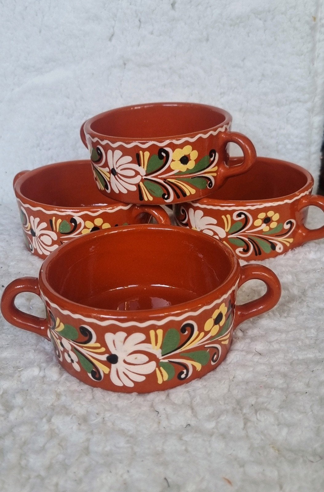 Set van 4 vintage terracotta soepkommen , handgeschilderde v, Verzenden