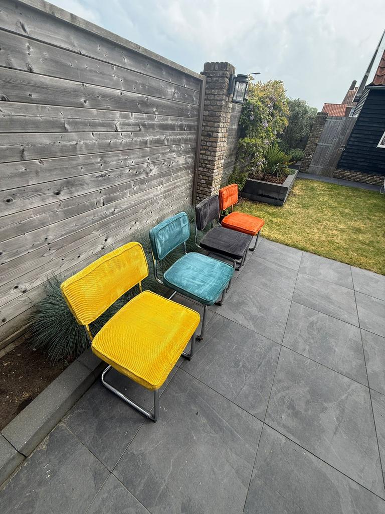 4 Ribstof stoelen met Chrome Buisframe, Ophalen, Gebruikt, Stof, Vijf, Zes of meer stoelen