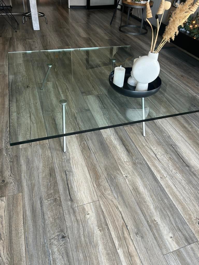 Maupertuus salontafel 120x120cm alu gepolijste poten, Ophalen, Vierkant, Zo goed als nieuw, Glas