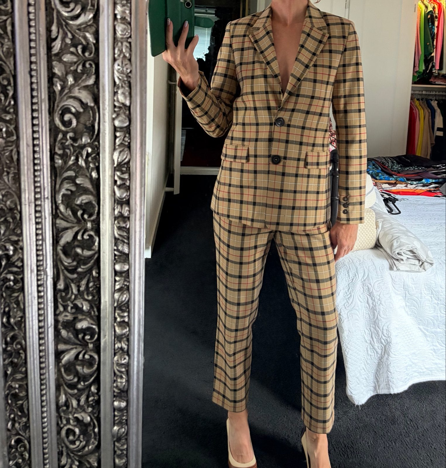 Geruit Kostuum - Blazer Maat S, Pantalon Maat M, Kostuum of Pak, Beige, Ophalen of Verzenden, Maat 36 (S)