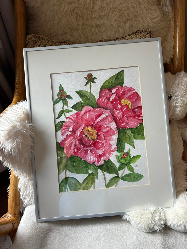 Ingelijst aquarel schilderij van roze pioenrozen, Ophalen of Verzenden, Zo goed als nieuw, Schilderij