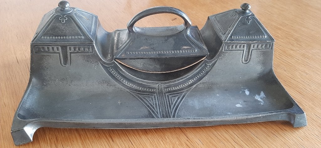 tinnen inktpot met pennenhouder, Ophalen of Verzenden