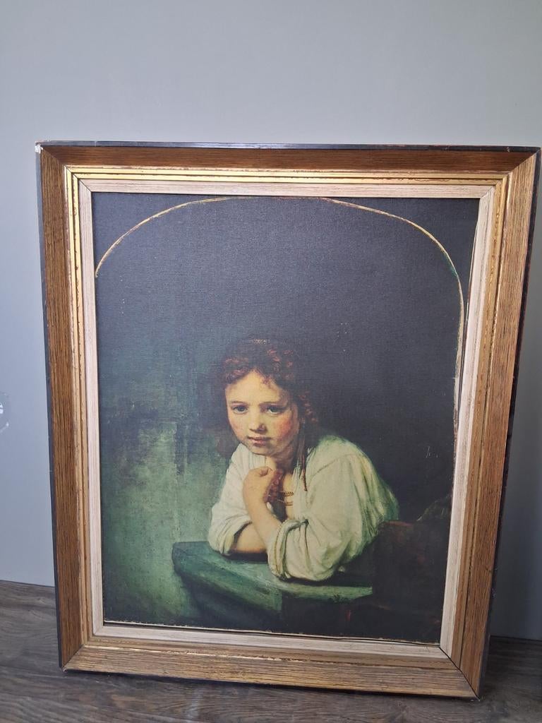 Meisje  leunend op vensterbank reproductie  Rembrandt, Antiek en Kunst, Ophalen