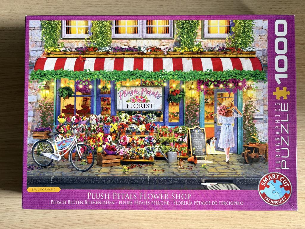 Eurographics Plush Petals Flower Shop puzzel 1000 stukjes, Hobby en Vrije tijd, Ophalen of Verzenden, 500 t/m 1500 stukjes, Gebruikt