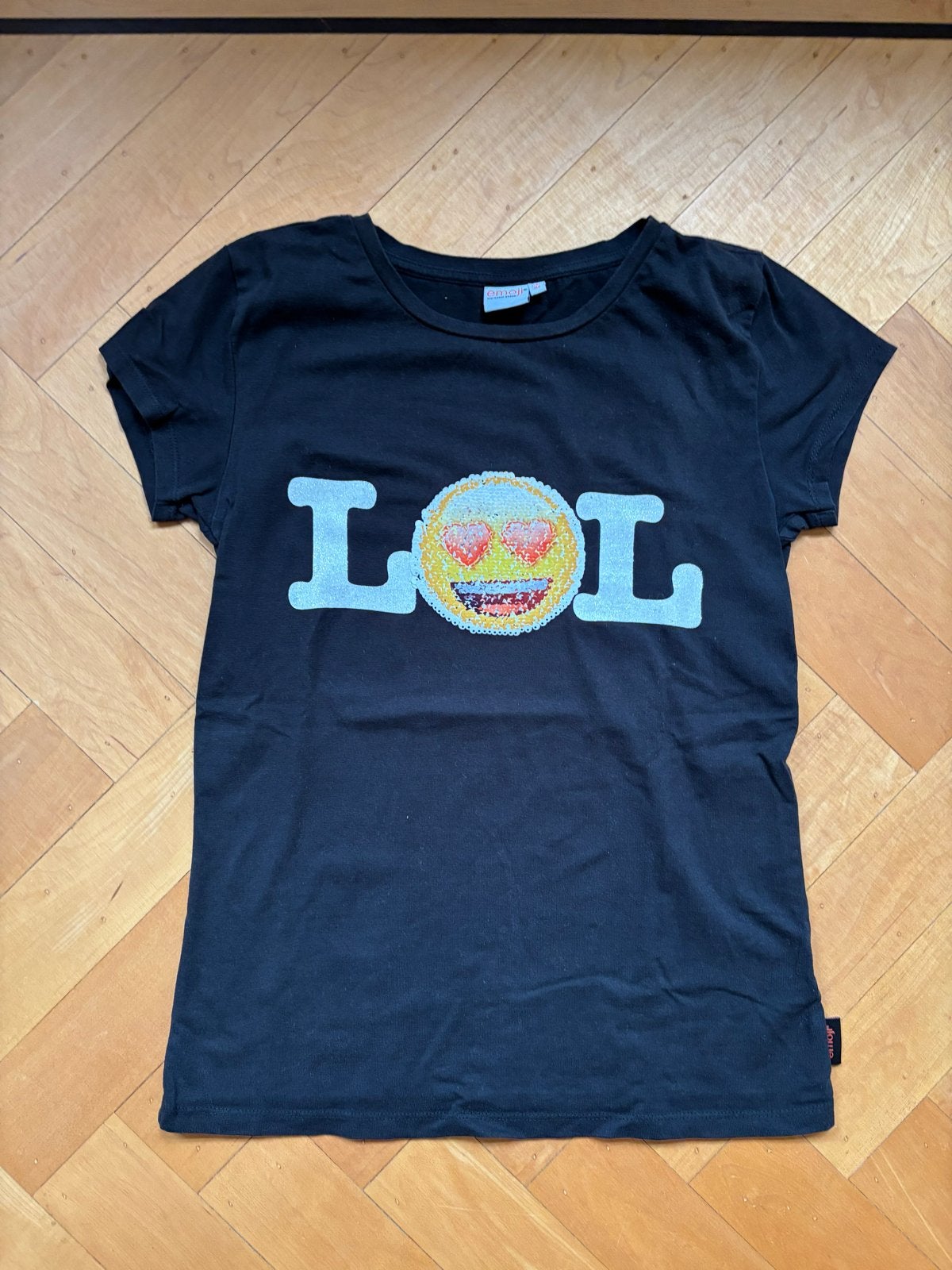 Zwart T-shirt met LOL emoji pailletten Maat 158/164, Ophalen of Verzenden, Gebruikt, Meisje, Shirt of Longsleeve