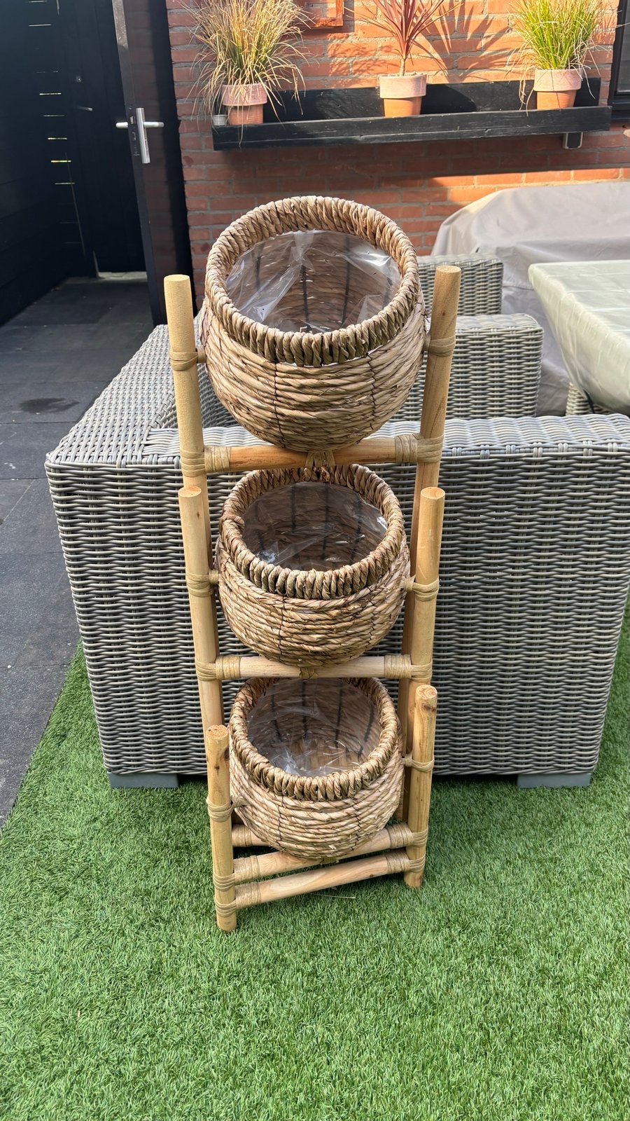 Bamboe plantenrek met 3 rieten manden, Ophalen, Minder dan 60 cm, Zo goed als nieuw, Binnen
