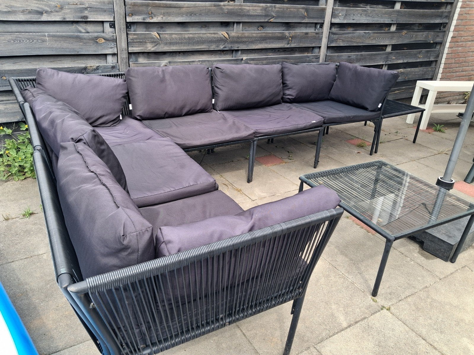 VidaXL loungeset/tuinset zwart met tafel en glasplaat, Overige materialen, Gebruikt, Bank, Ophalen of Verzenden
