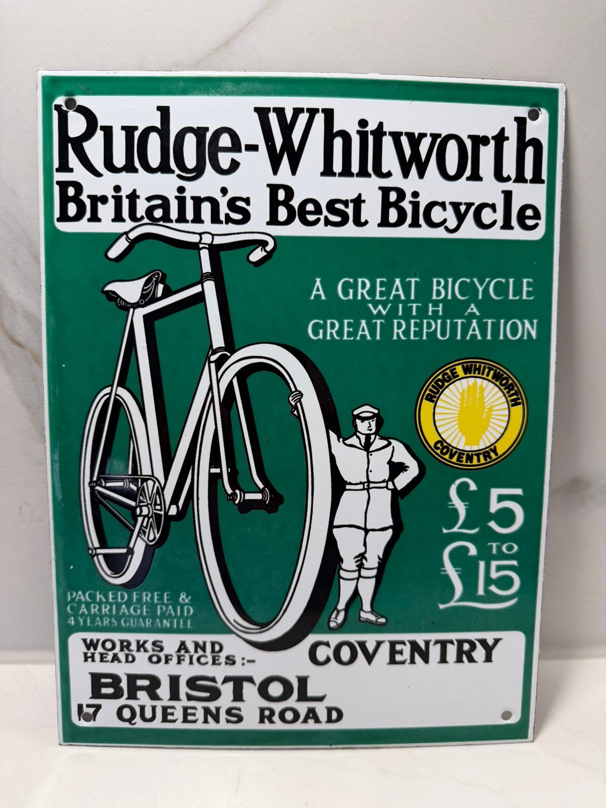 Vintage Rudge-Whitworth Emaillen Reclamebord (28x22 cm), Ophalen of Verzenden, Gebruikt, Reclamebord