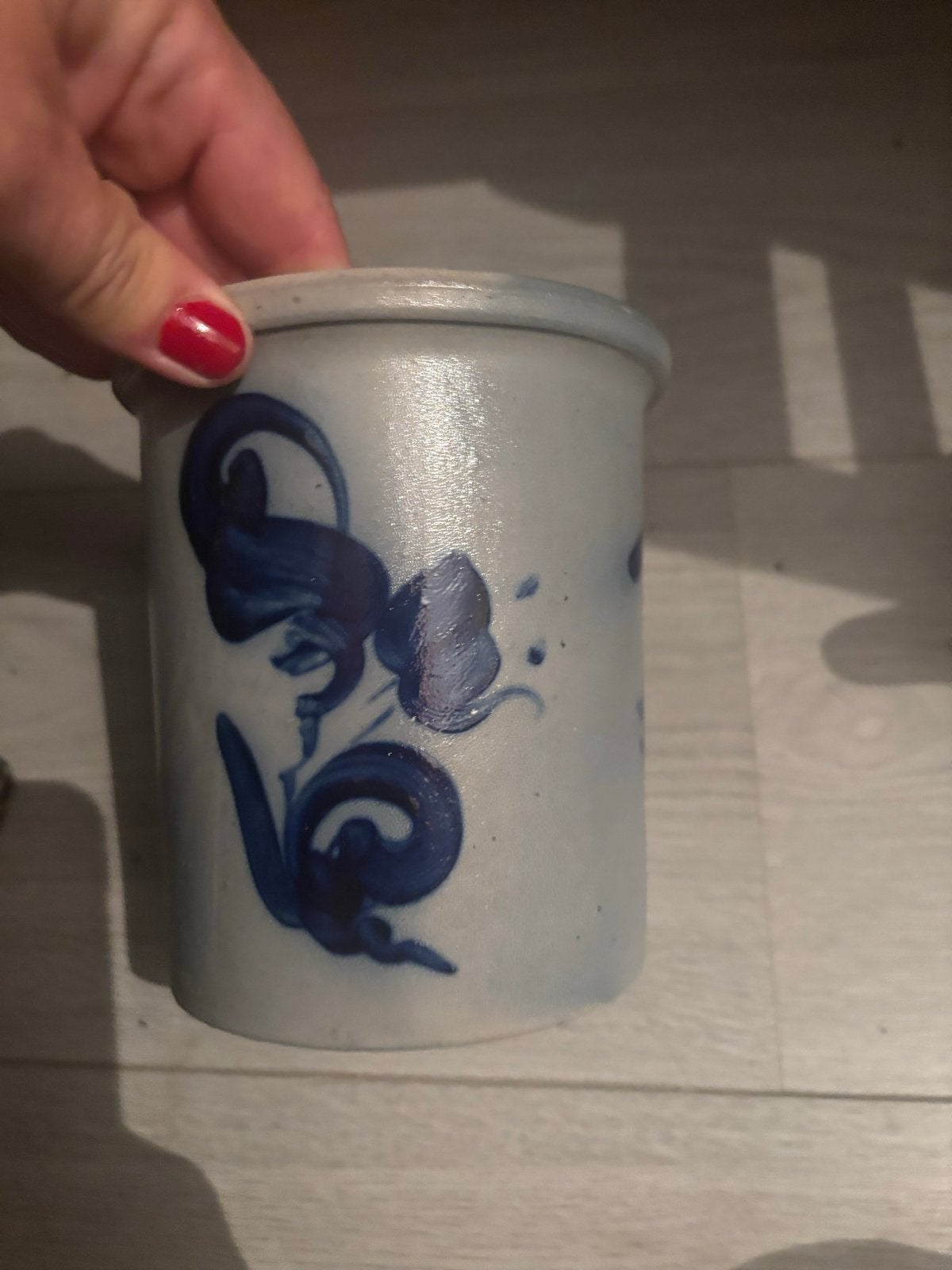 Vintage aardewerk pot met blauwe decoratie, Antiek en Kunst, Ophalen of Verzenden