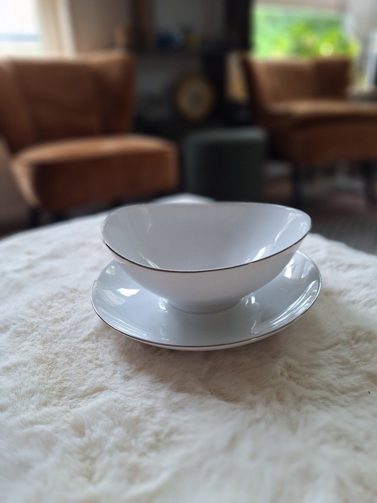 Witte sauskom met vaste schotel - klein chipje, Ophalen of Verzenden