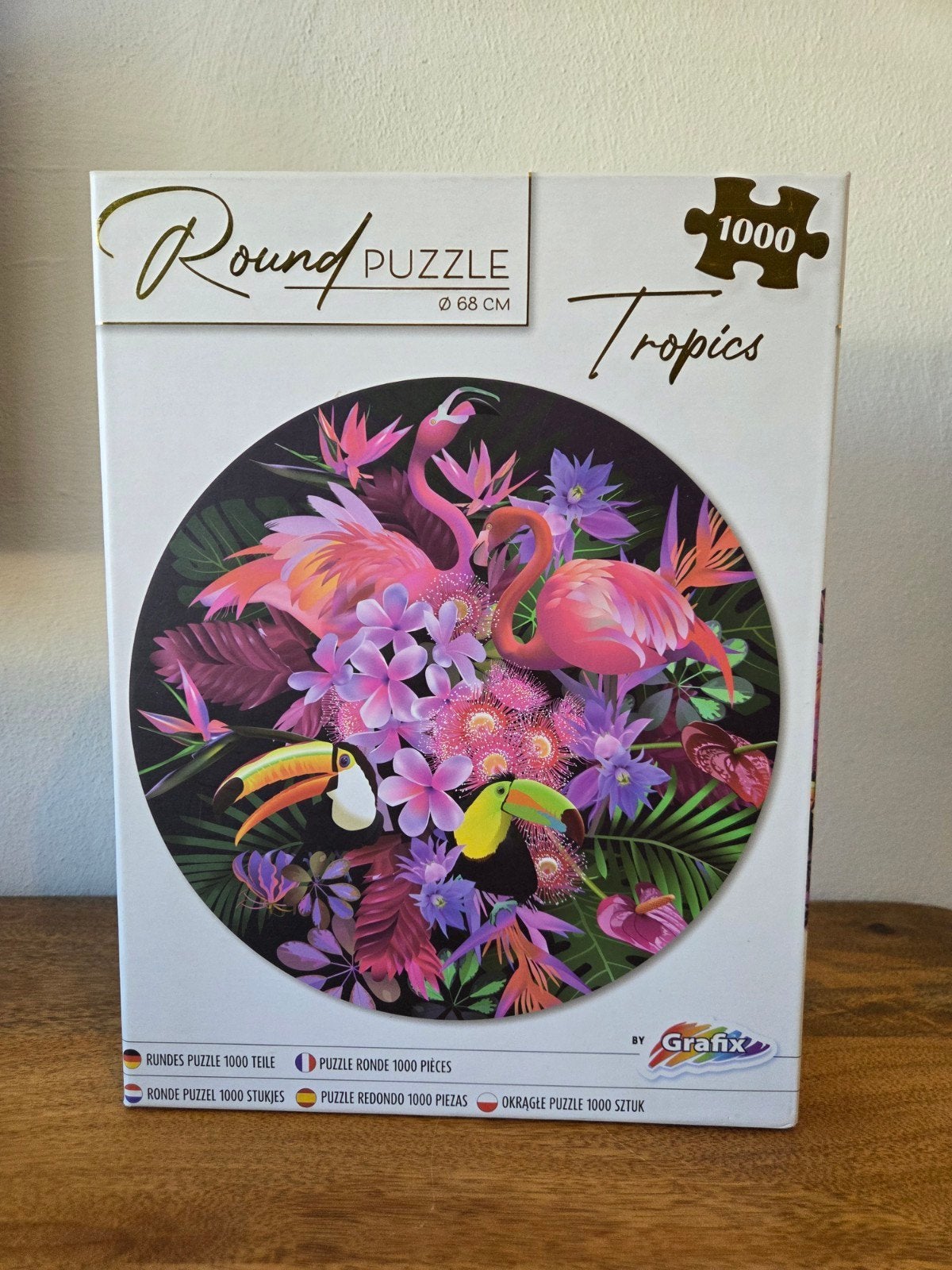 Round Puzzle Tropics 1000 stukjes - Flamingo's en Toekans, Ophalen of Verzenden, 500 t/m 1500 stukjes, Zo goed als nieuw, Legpuzzel