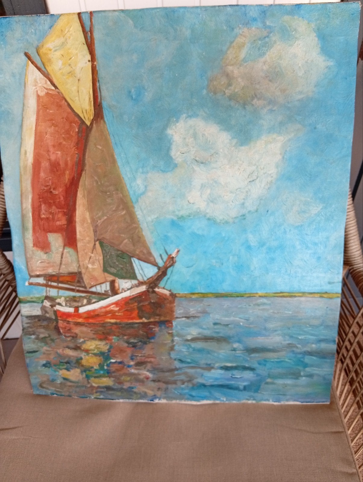 Olieverfschilderij Zeilboot op water, Antiek en Kunst, Ophalen of Verzenden