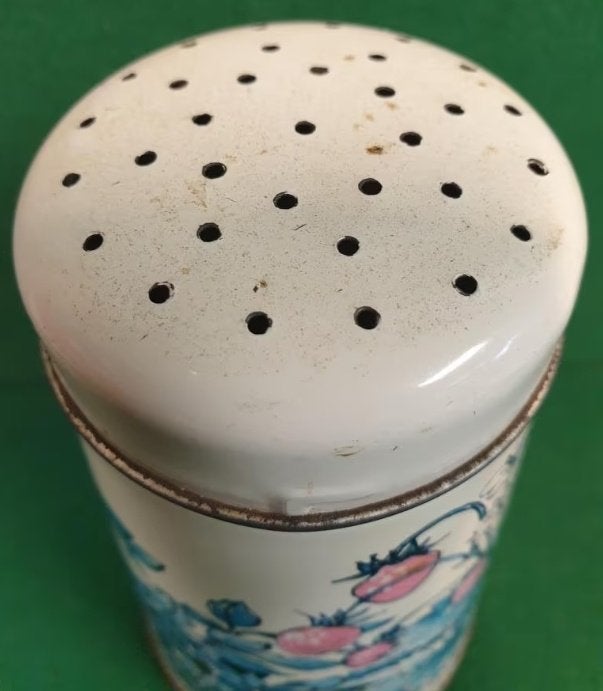 Vintage blikken Poeder suiker Strooier met Bloemen Design, Ophalen of Verzenden, Gebruikt, Suiker, Overige merken