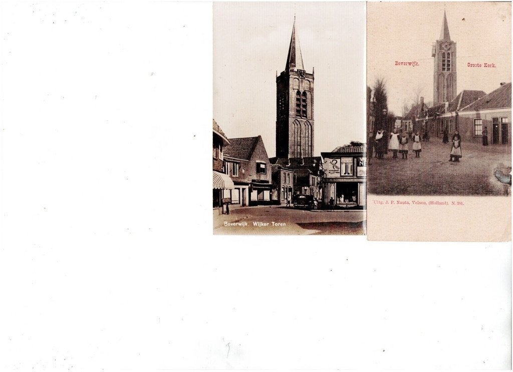 Oude ansichtkaarten Beverwijk: Wijkertoren en Grote Kerk, Ophalen of Verzenden, Voor 1920, Gelopen, Noord-Holland