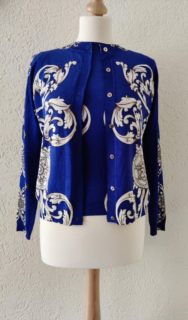 Versace Collection twinset: top+vest kobaltblauw met print, Blauw, Ophalen of Verzenden, Zo goed als nieuw, Maat 36 (S)