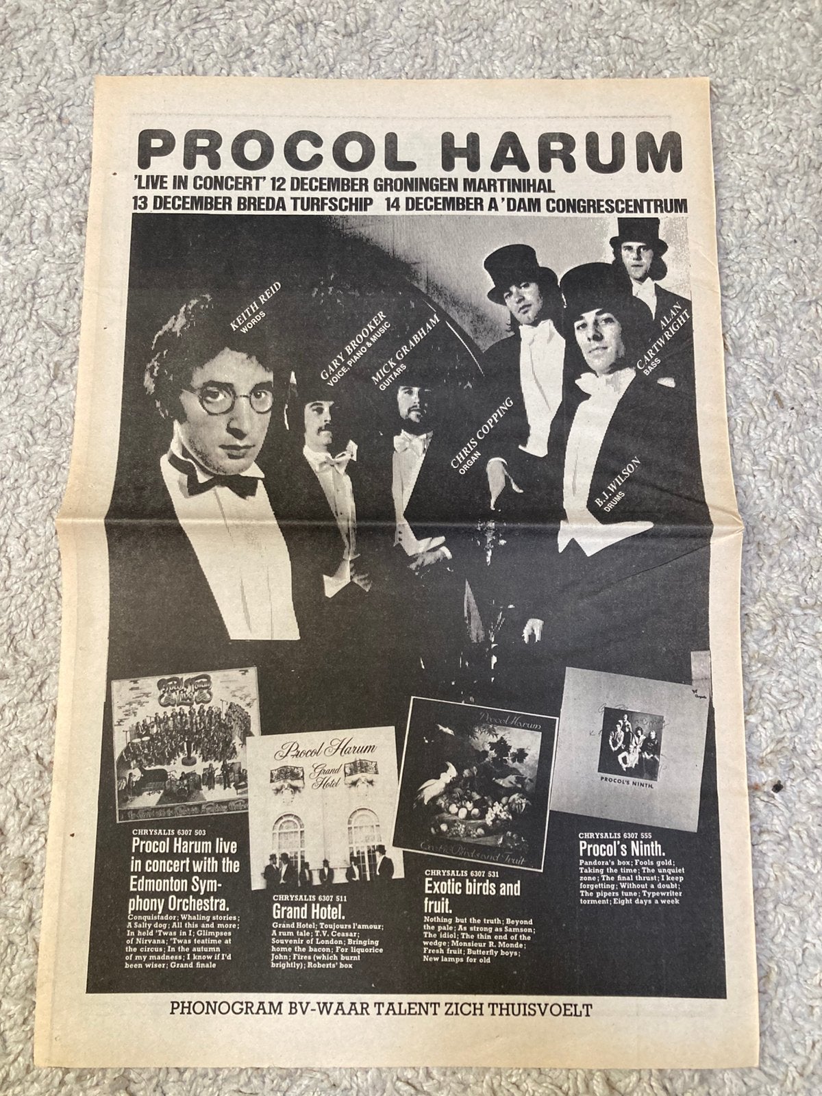 PROCOL HARUM live Amsterdam Groningen Breda A3 advertentie, Ophalen of Verzenden, Gebruikt