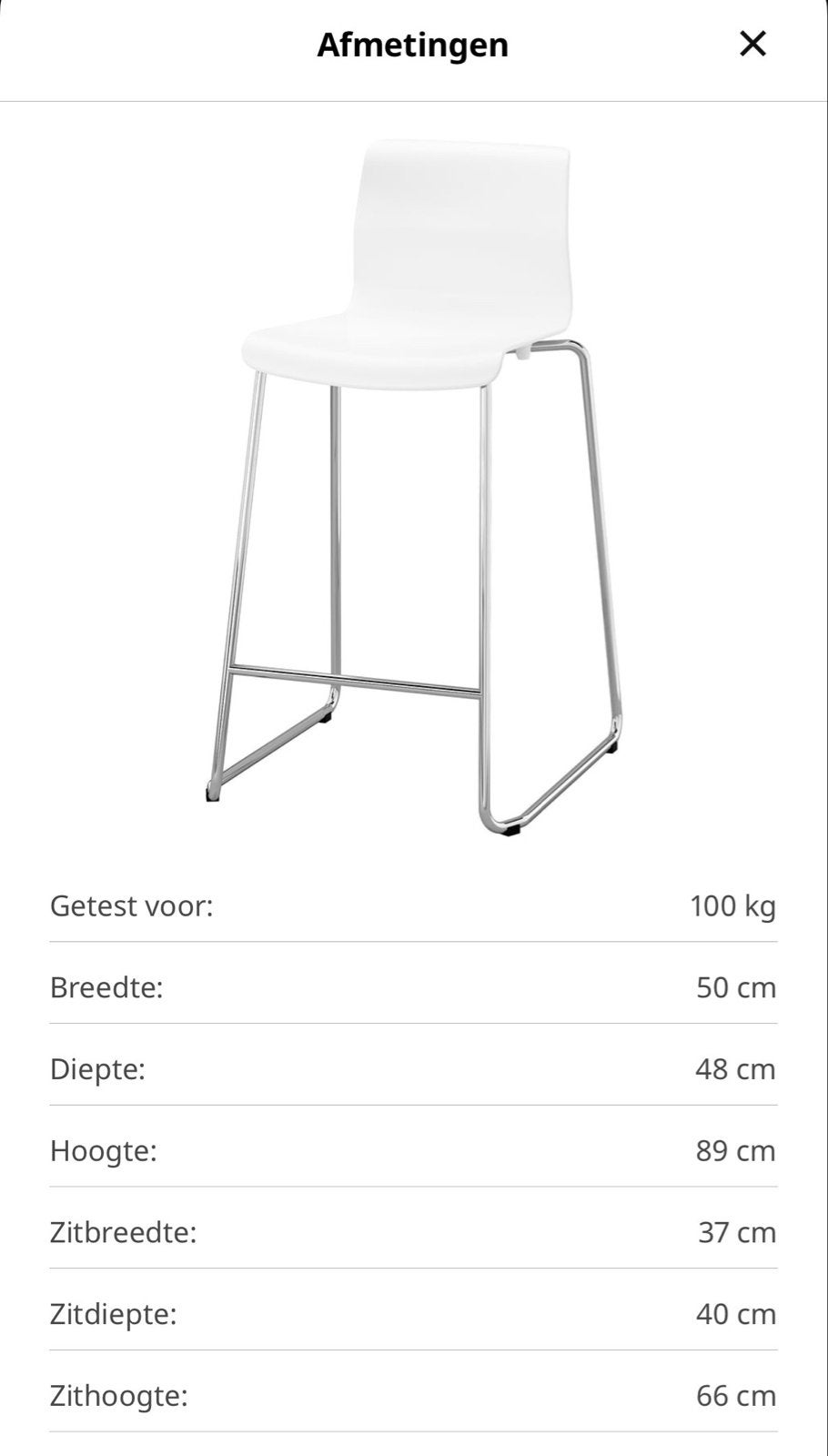 IKEA GLENN barkruk wit/verchroomd, 66 cm zithoogte 4 stuks, Ophalen, Kunststof, Gebruikt, 60 tot 90 cm
