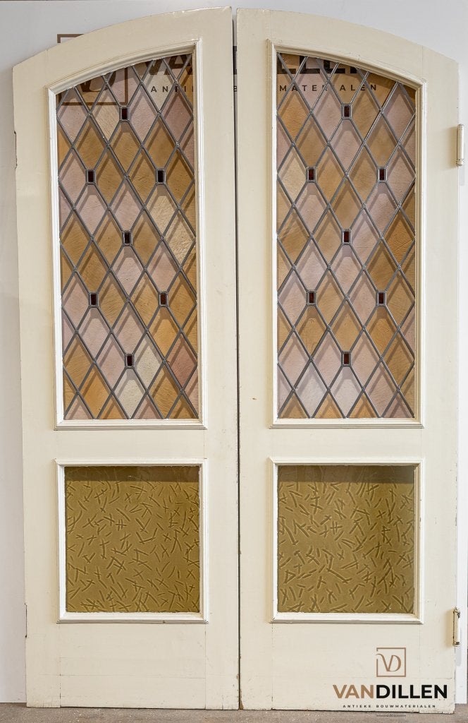 Antieke ensuite vouwdeuren erg hoog met glas in lood, 120 cm of meer, Binnendeur, Ophalen of Verzenden, 200 tot 215 cm